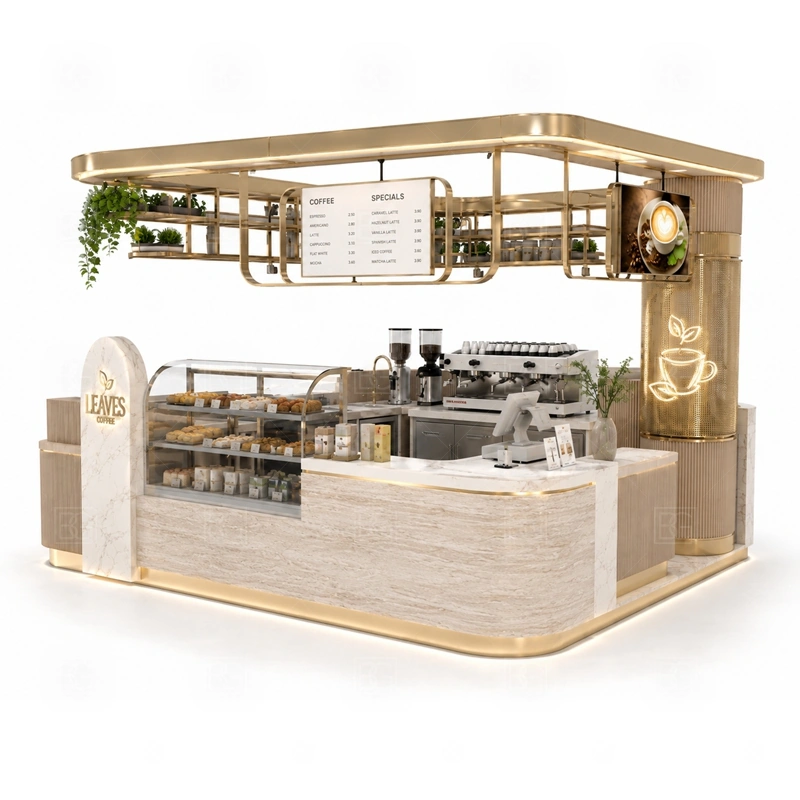 Modern Cafe Kiosk and Coffee Counter layout showing equipment-first coffee counter planning shown in the modern cafe kiosk and coffee counter product photos, with center-court traffic where customers may approach from more than one direction