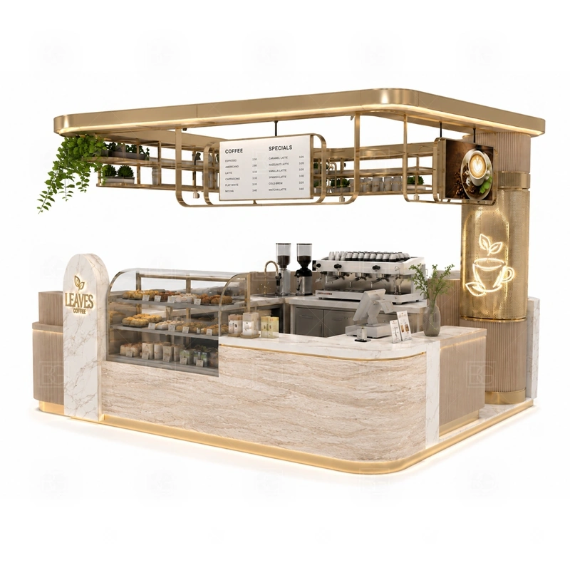 Modern Cafe Kiosk and Coffee Counter display detail for espresso counter, menu board, pickup area, cup storage, dessert display, and customer-facing brand panels planned for modern cafe kiosk and coffee counter