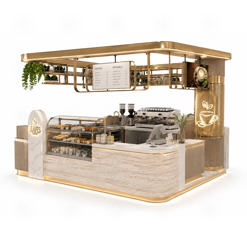 Modern Cafe Kiosk and Coffee Counter branding detail for logo panels, menu boards, front graphics, side signs, and coffee brand colors coordinated for modern cafe kiosk and coffee counter