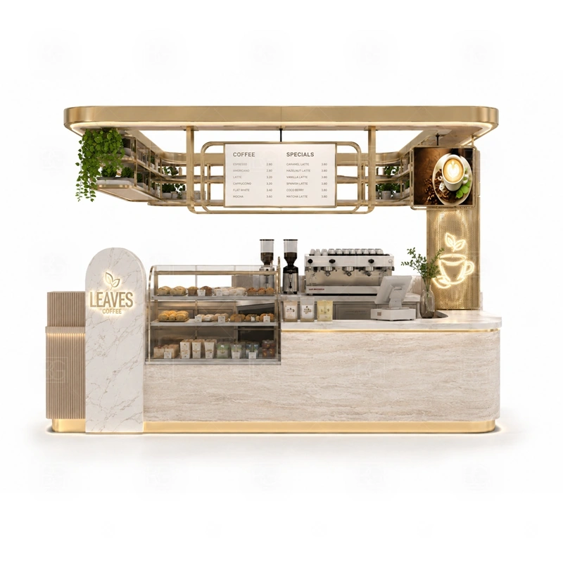 Modern Cafe Kiosk and Coffee Counter storage detail for cup storage, bean storage, under-counter fridge space, packaging drawers, cleaning supply cabinets, and cable routes planned for modern cafe kiosk and coffee counter