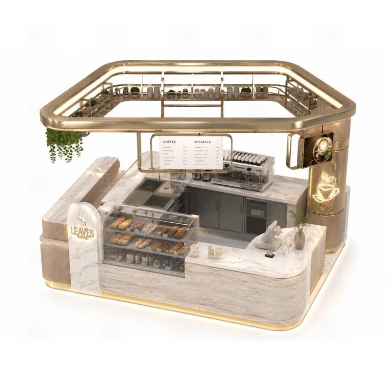 Modern Cafe Kiosk and Coffee Counter buyer planning detail for Modern Cafe Kiosk and Coffee Counter target size, espresso machine dimensions, grinder position, sink requirement, fridge size, menu board size, power and plumbing, destination country