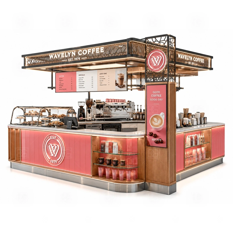 Pop Up Coffee Kiosk for Retail Mall with shopping mall approval, multi-side customer approach, and busy food court operation shown in the pop up coffee kiosk for retail mall product photos for coffee and beverage retail