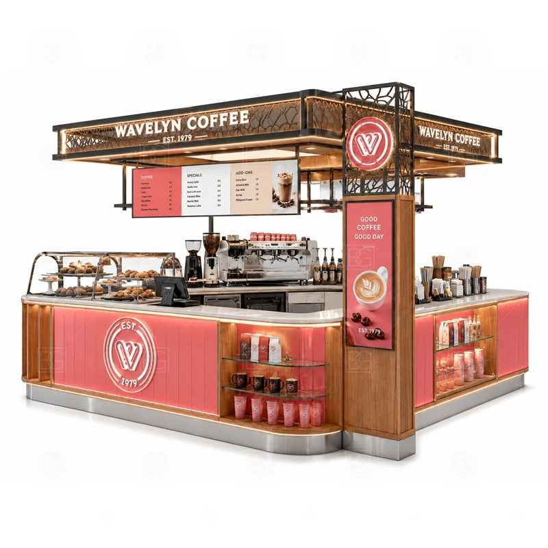 Pop Up Coffee Kiosk for Retail Mall layout showing equipment-first coffee counter planning shown in the pop up coffee kiosk for retail mall product photos, with center-court traffic where customers may approach from more than one direction