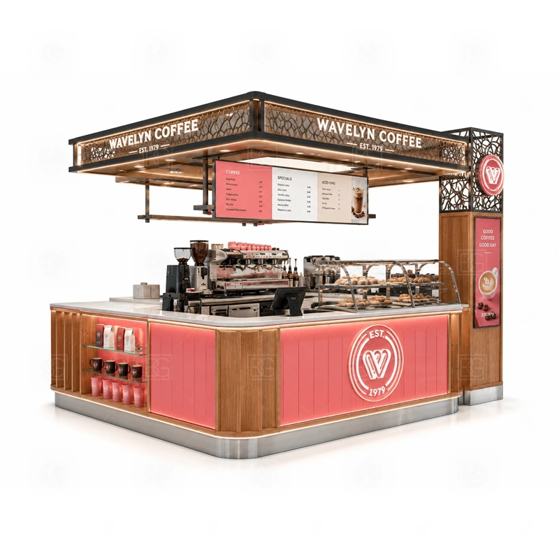 Pop Up Coffee Kiosk for Retail Mall display detail for espresso counter, menu board, pickup area, cup storage, dessert display, and customer-facing brand panels planned for pop up coffee kiosk for retail mall
