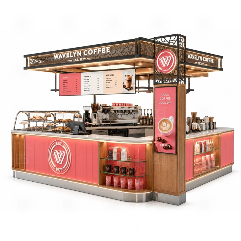 Pop Up Coffee Kiosk for Retail Mall branding detail for logo panels, menu boards, front graphics, side signs, and coffee brand colors coordinated for pop up coffee kiosk for retail mall