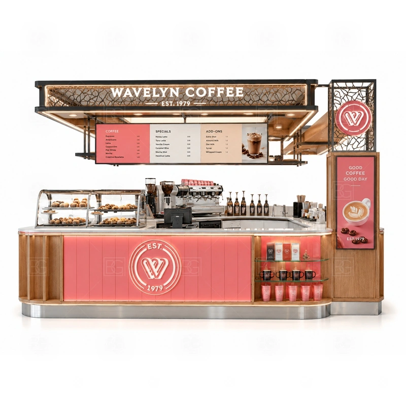 Pop Up Coffee Kiosk for Retail Mall storage detail for cup storage, bean storage, under-counter fridge space, packaging drawers, cleaning supply cabinets, and cable routes planned for pop up coffee kiosk for retail mall