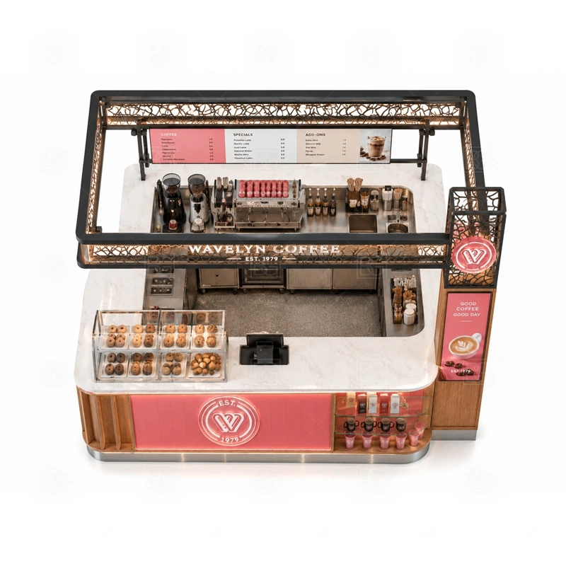 Pop Up Coffee Kiosk for Retail Mall buyer planning detail for Pop Up Coffee Kiosk for Retail Mall target size, espresso machine dimensions, grinder position, sink requirement, fridge size, menu board size, power and plumbing, destination country
