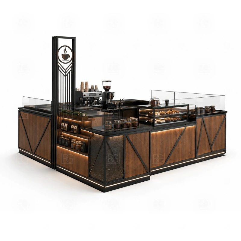 Portable Coffee Kiosk for Small Business display detail for espresso counter, menu board, pickup area, cup storage, dessert display, and customer-facing brand panels planned for portable coffee kiosk for small business