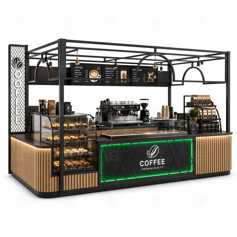 Retail Coffee Kiosk for Food Court with shopping mall approval, multi-side customer approach, and busy food court operation shown in the retail coffee kiosk for food court product photos for coffee and beverage retail