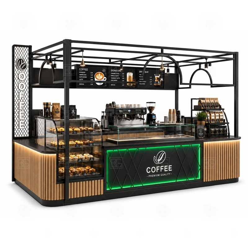 Retail Coffee Kiosk for Food Court layout showing equipment-first coffee counter planning shown in the retail coffee kiosk for food court product photos, with food court traffic where order, payment, and pickup need a clean sequence