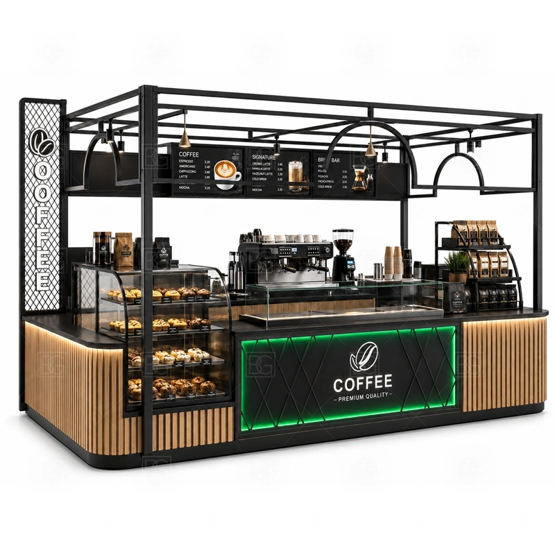Retail Coffee Kiosk for Food Court display detail for espresso counter, menu board, pickup area, cup storage, dessert display, and customer-facing brand panels planned for retail coffee kiosk for food court