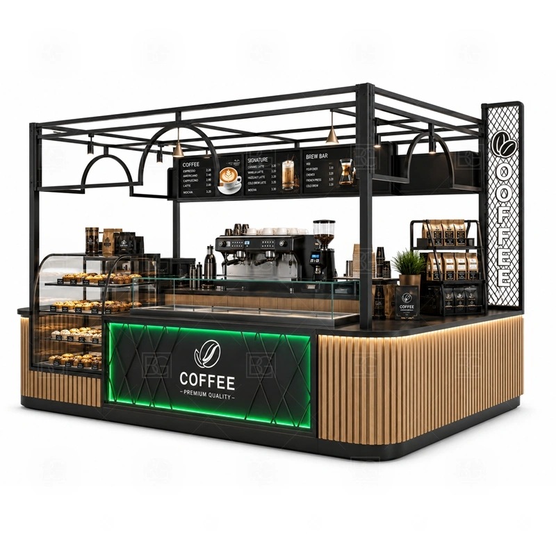 Retail Coffee Kiosk for Food Court branding detail for logo panels, menu boards, front graphics, side signs, and coffee brand colors coordinated for retail coffee kiosk for food court