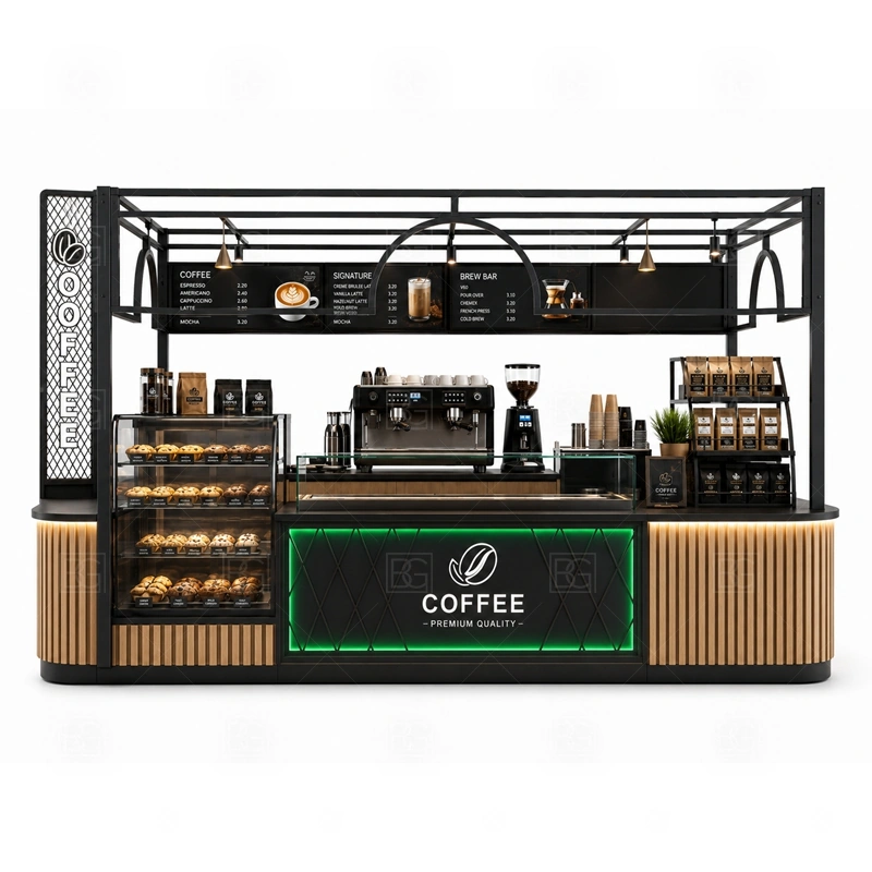 Retail Coffee Kiosk for Food Court storage detail for cup storage, bean storage, under-counter fridge space, packaging drawers, cleaning supply cabinets, and cable routes planned for retail coffee kiosk for food court