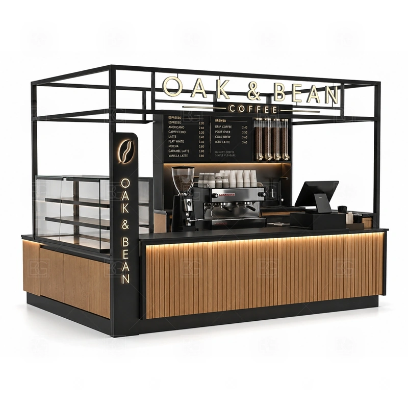 Shopping Mall Coffee Kiosk with Bar Counter with front coffee bar service, cashier counter, menu board, and customer ordering flow shown in the shopping mall coffee kiosk with bar counter product photos for coffee and beverage retail