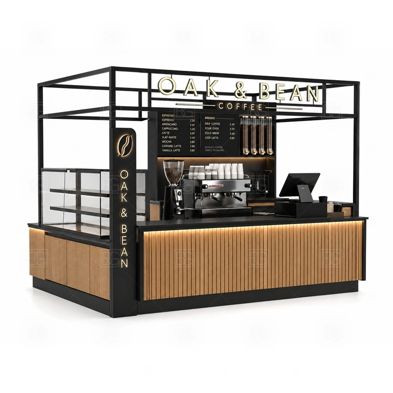 Shopping Mall Coffee Kiosk with Bar Counter layout showing equipment-first coffee counter planning shown in the shopping mall coffee kiosk with bar counter product photos, with brand-led retail locations where signage and product visibility need to work together
