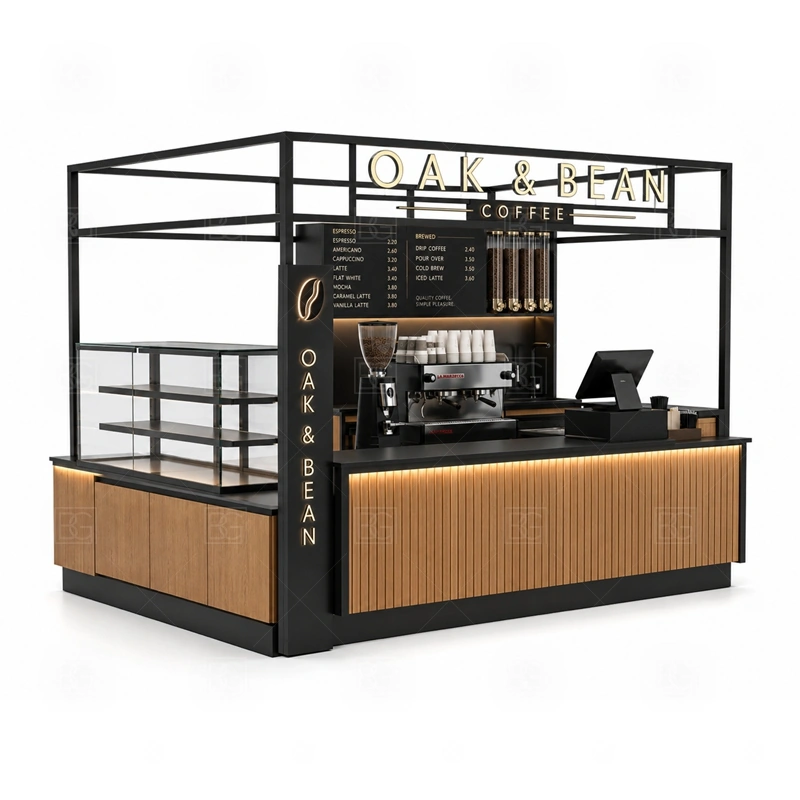 Shopping Mall Coffee Kiosk with Bar Counter display detail for espresso counter, menu board, pickup area, cup storage, dessert display, and customer-facing brand panels planned for shopping mall coffee kiosk with bar counter