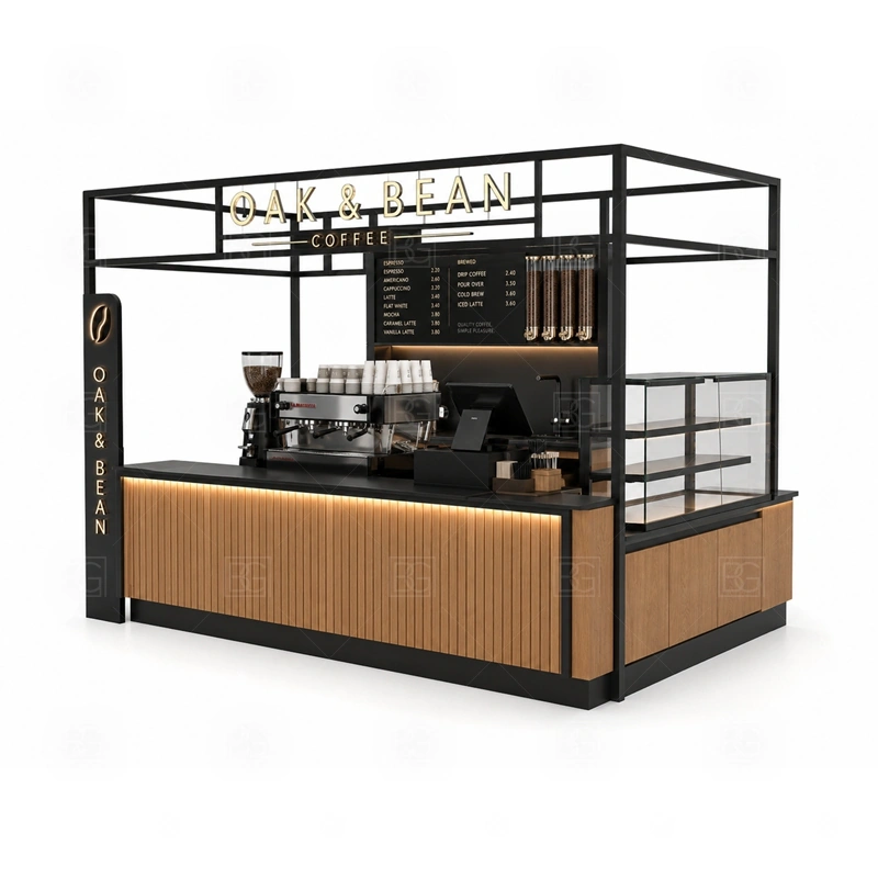 Shopping Mall Coffee Kiosk with Bar Counter branding detail for logo panels, menu boards, front graphics, side signs, and coffee brand colors coordinated for shopping mall coffee kiosk with bar counter