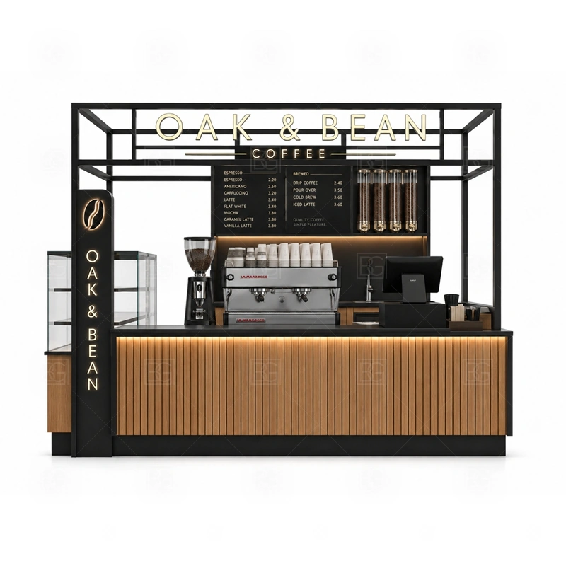 Shopping Mall Coffee Kiosk with Bar Counter storage detail for cup storage, bean storage, under-counter fridge space, packaging drawers, cleaning supply cabinets, and cable routes planned for shopping mall coffee kiosk with bar counter