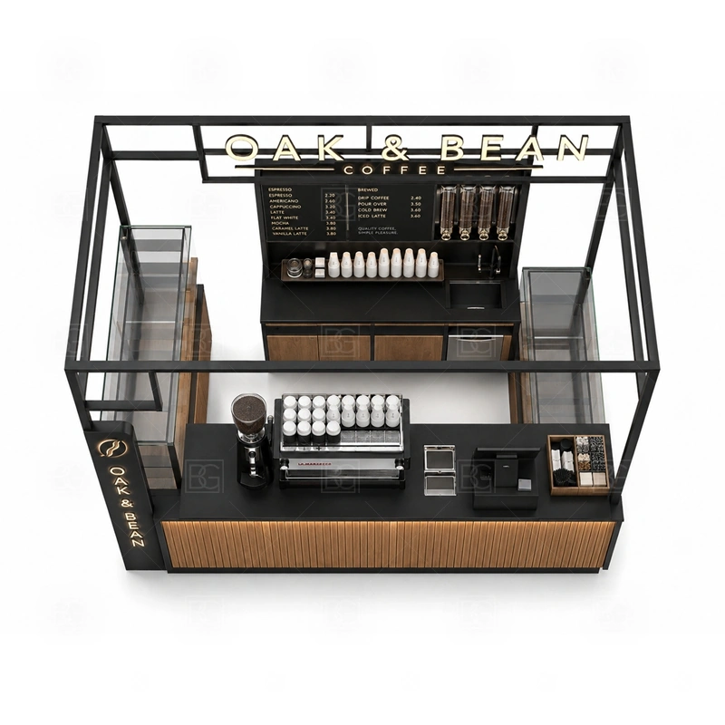 Shopping Mall Coffee Kiosk with Bar Counter buyer planning detail for Shopping Mall Coffee Kiosk with Bar Counter target size, espresso machine dimensions, grinder position, sink requirement, fridge size, menu board size, power and plumbing, destination country
