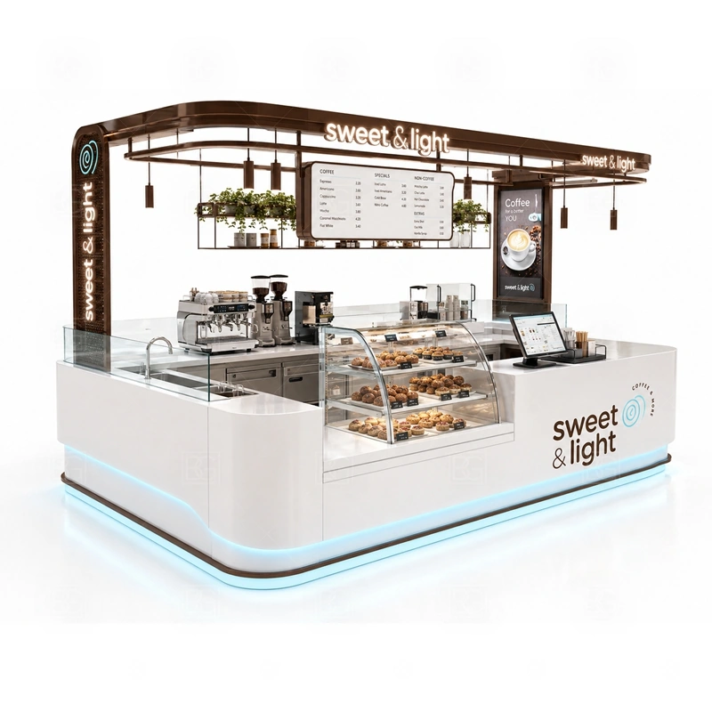 Small Coffee Kiosk for Mall Business with shopping mall approval, multi-side customer approach, and busy food court operation shown in the small coffee kiosk for mall business product photos for coffee and beverage retail