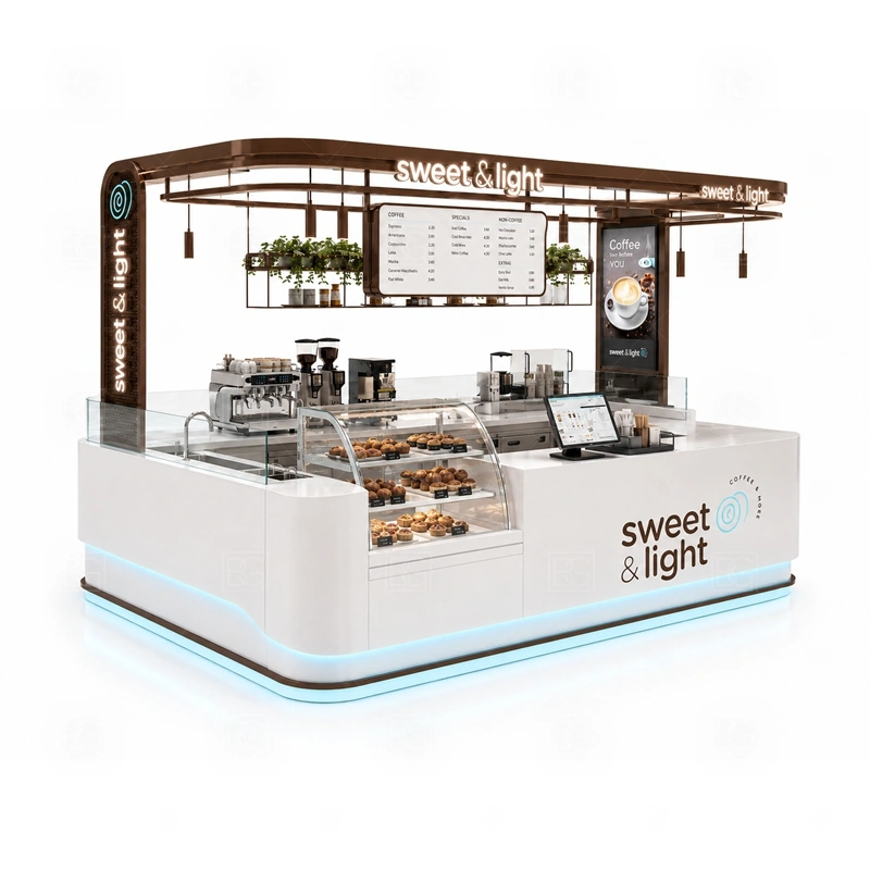 Small Coffee Kiosk for Mall Business layout showing equipment-first coffee counter planning shown in the small coffee kiosk for mall business product photos, with front-facing mall traffic with a clear customer approach and staff side behind the counter