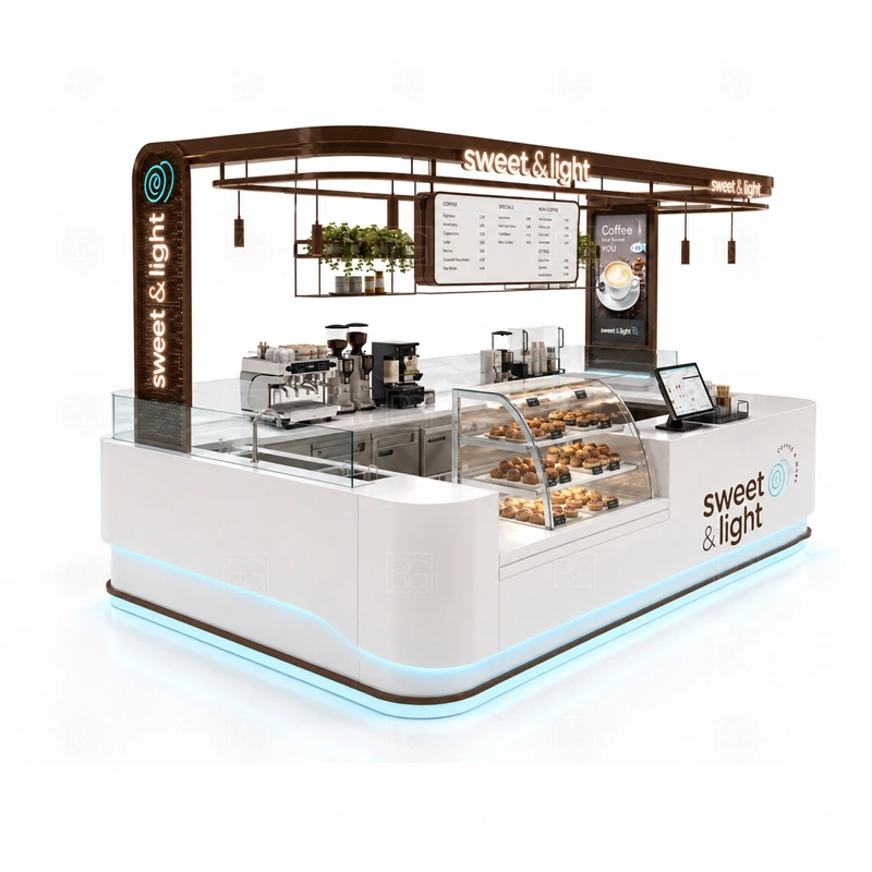 Small Coffee Kiosk for Mall Business display detail for espresso counter, menu board, pickup area, cup storage, dessert display, and customer-facing brand panels planned for small coffee kiosk for mall business