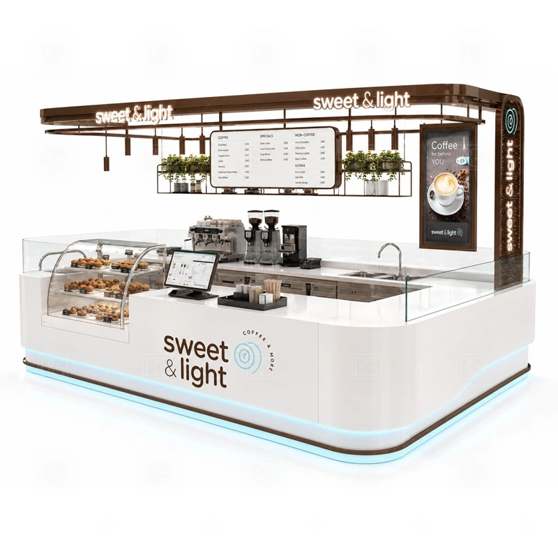 Small Coffee Kiosk for Mall Business branding detail for logo panels, menu boards, front graphics, side signs, and coffee brand colors coordinated for small coffee kiosk for mall business