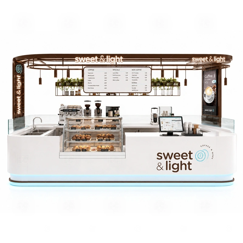 Small Coffee Kiosk for Mall Business storage detail for cup storage, bean storage, under-counter fridge space, packaging drawers, cleaning supply cabinets, and cable routes planned for small coffee kiosk for mall business