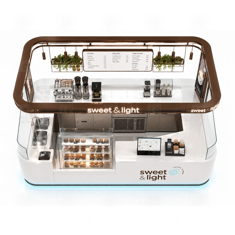 Small Coffee Kiosk for Mall Business buyer planning detail for Small Coffee Kiosk for Mall Business target size, espresso machine dimensions, grinder position, sink requirement, fridge size, menu board size, power and plumbing, destination country