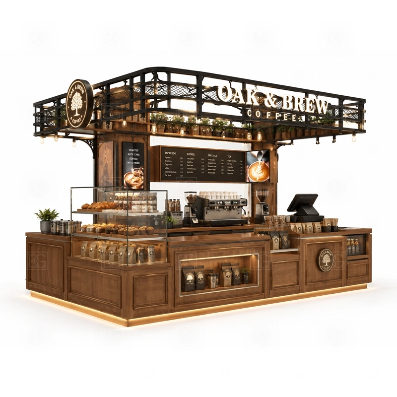 Solid Wood Coffee Kiosk for Sale with coffee service layout, equipment planning, display counter design, and brand presentation shown in the solid wood coffee kiosk for sale product photos for coffee and beverage retail