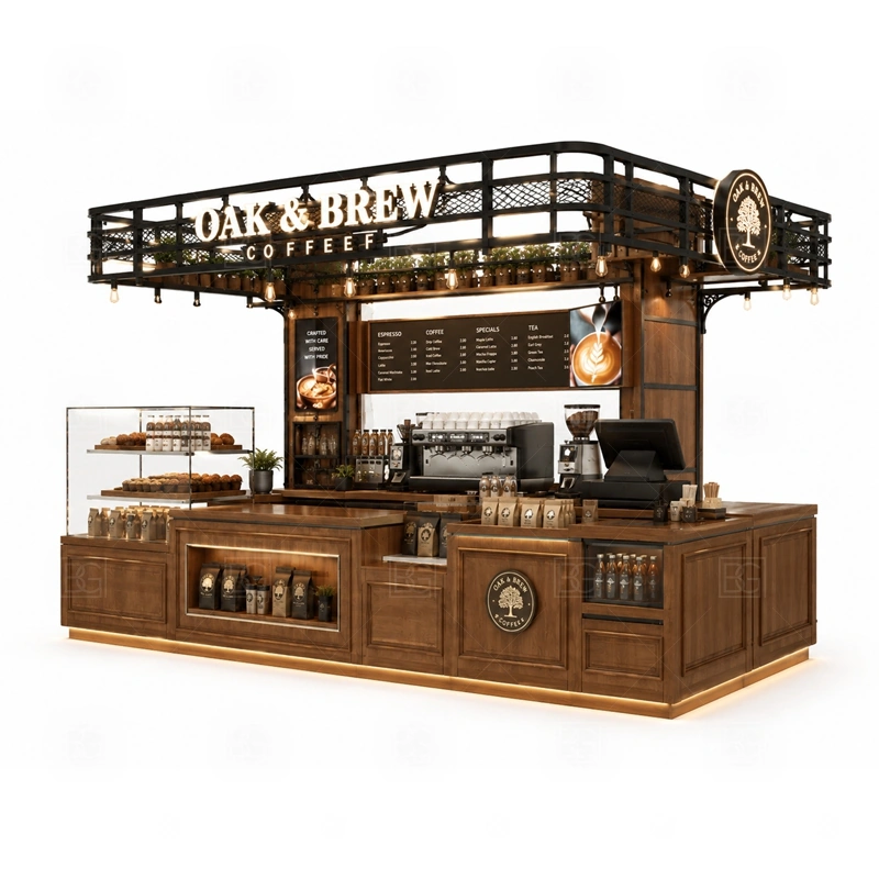 Solid Wood Coffee Kiosk for Sale layout showing equipment-first coffee counter planning shown in the solid wood coffee kiosk for sale product photos, with food court traffic where order, payment, and pickup need a clean sequence