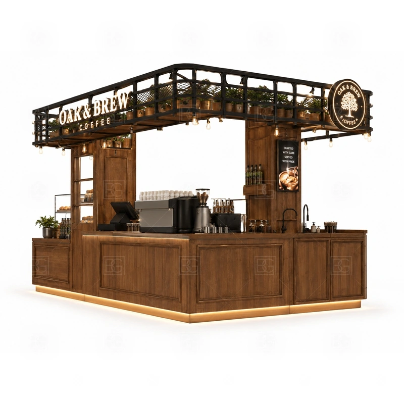 Solid Wood Coffee Kiosk for Sale display detail for espresso counter, menu board, pickup area, cup storage, dessert display, and customer-facing brand panels planned for solid wood coffee kiosk for sale