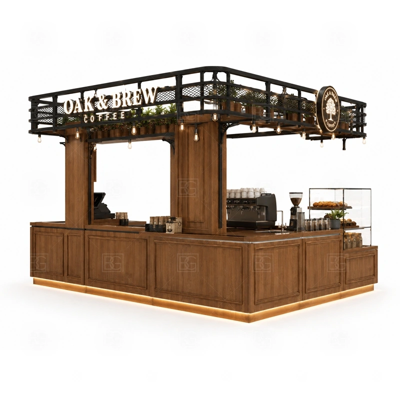 Solid Wood Coffee Kiosk for Sale branding detail for logo panels, menu boards, front graphics, side signs, and coffee brand colors coordinated for solid wood coffee kiosk for sale