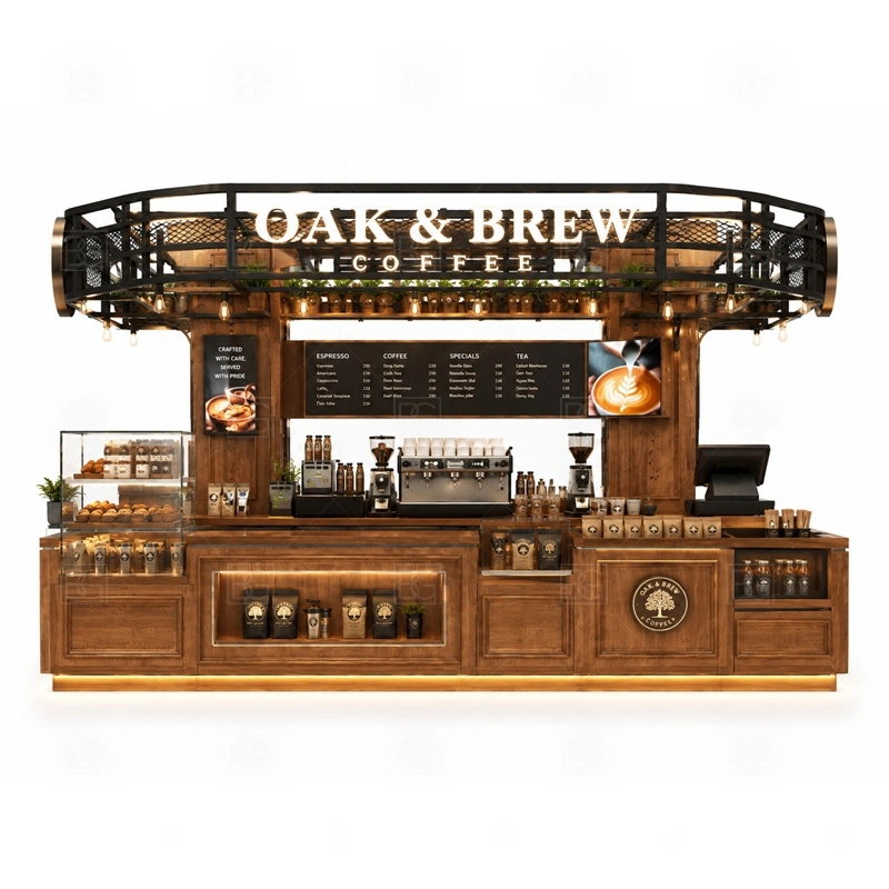 Solid Wood Coffee Kiosk for Sale storage detail for cup storage, bean storage, under-counter fridge space, packaging drawers, cleaning supply cabinets, and cable routes planned for solid wood coffee kiosk for sale