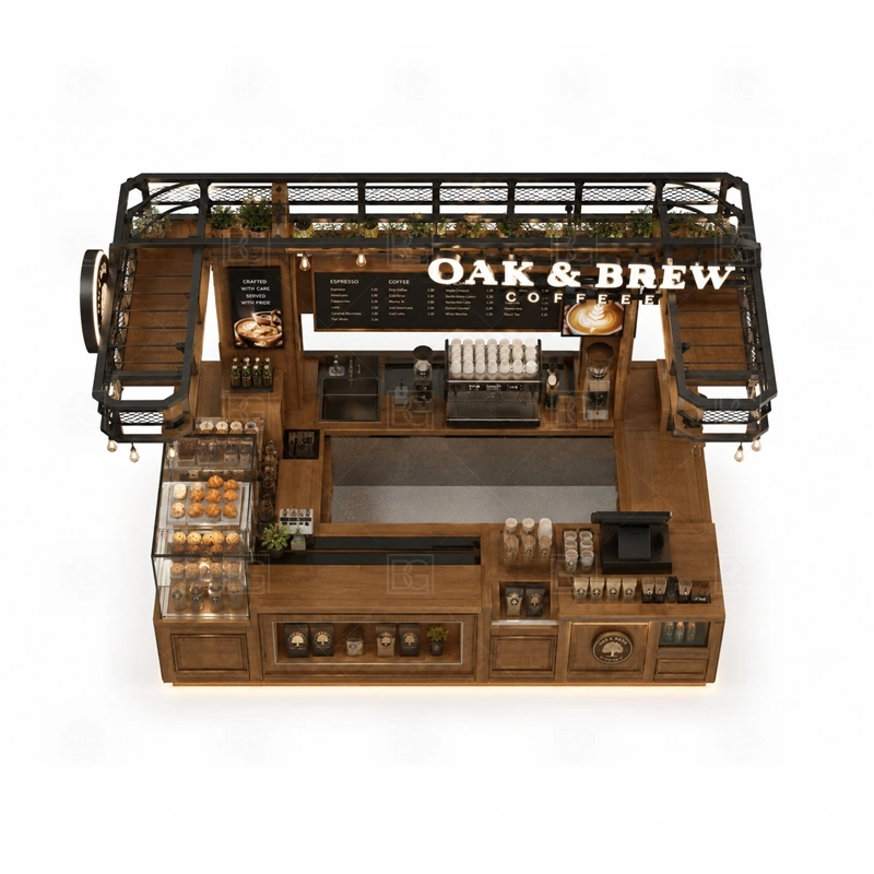 Solid Wood Coffee Kiosk for Sale buyer planning detail for Solid Wood Coffee Kiosk for Sale target size, espresso machine dimensions, grinder position, sink requirement, fridge size, menu board size, power and plumbing, destination country