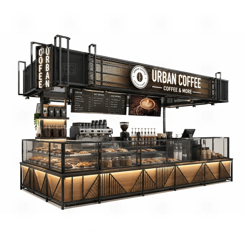 Urban Coffee Kiosk with Bar Counter with front coffee bar service, cashier counter, menu board, and customer ordering flow shown in the urban coffee kiosk with bar counter product photos for coffee and beverage retail