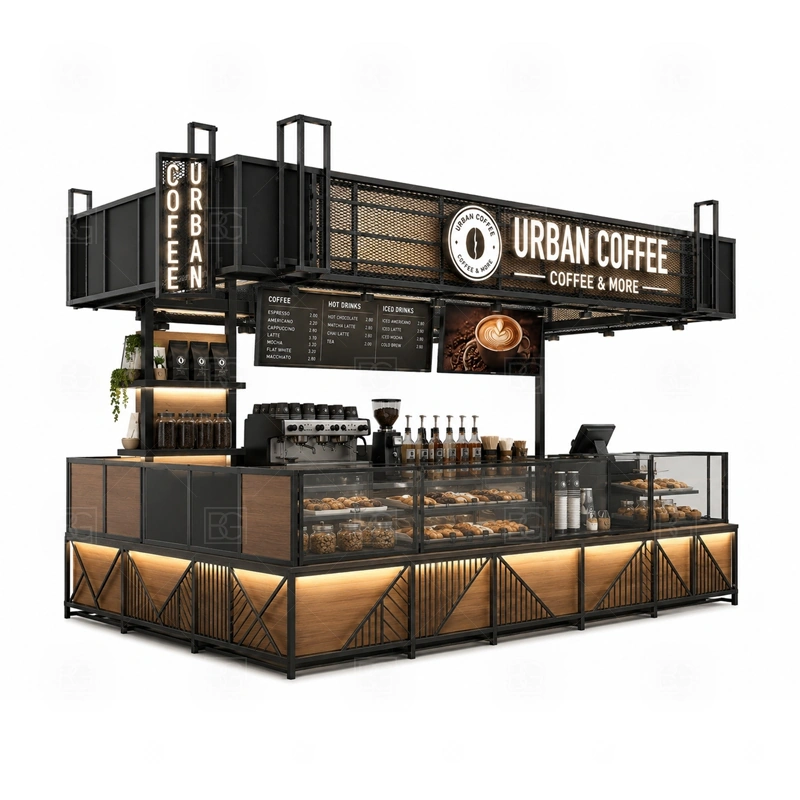 Urban Coffee Kiosk with Bar Counter display detail for espresso counter, menu board, pickup area, cup storage, dessert display, and customer-facing brand panels planned for urban coffee kiosk with bar counter