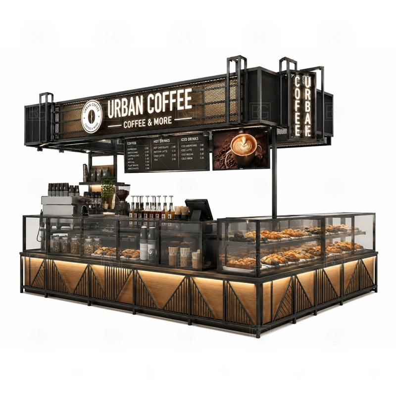 Urban Coffee Kiosk with Bar Counter branding detail for logo panels, menu boards, front graphics, side signs, and coffee brand colors coordinated for urban coffee kiosk with bar counter