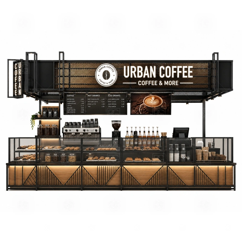 Urban Coffee Kiosk with Bar Counter storage detail for cup storage, bean storage, under-counter fridge space, packaging drawers, cleaning supply cabinets, and cable routes planned for urban coffee kiosk with bar counter