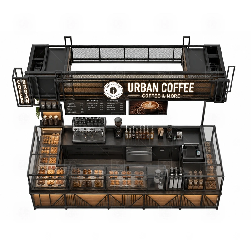 Urban Coffee Kiosk with Bar Counter buyer planning detail for Urban Coffee Kiosk with Bar Counter target size, espresso machine dimensions, grinder position, sink requirement, fridge size, menu board size, power and plumbing, destination country
