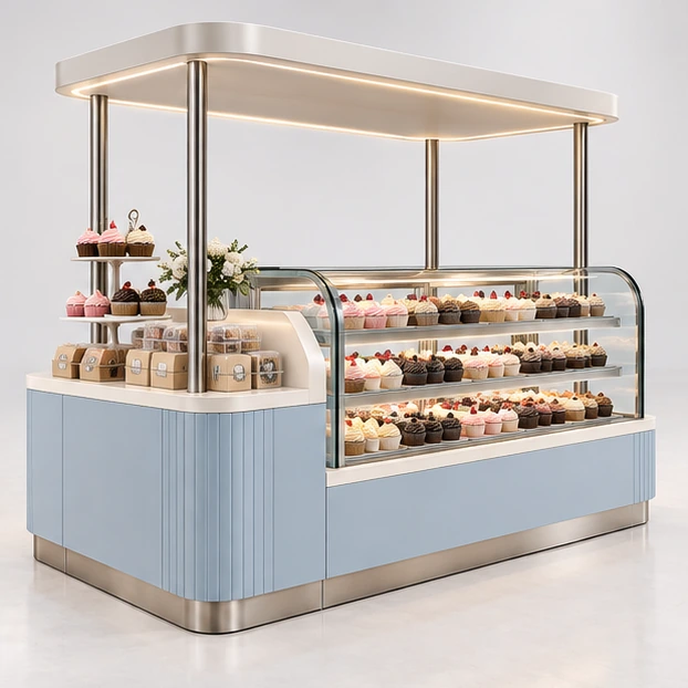 Bakery Cupcake Kiosk with Tiered Open Display opposite angle showing its complete footprint and display layout