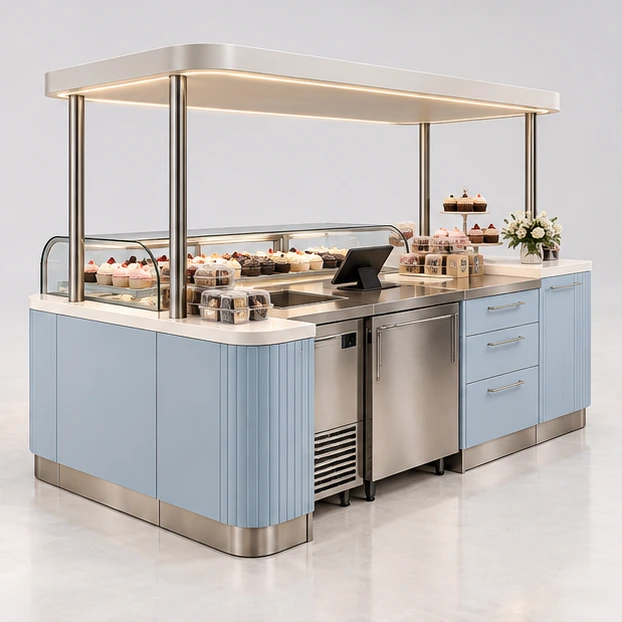 Bakery Cupcake Kiosk with Tiered Open Display operator-side equipment, access, and storage view