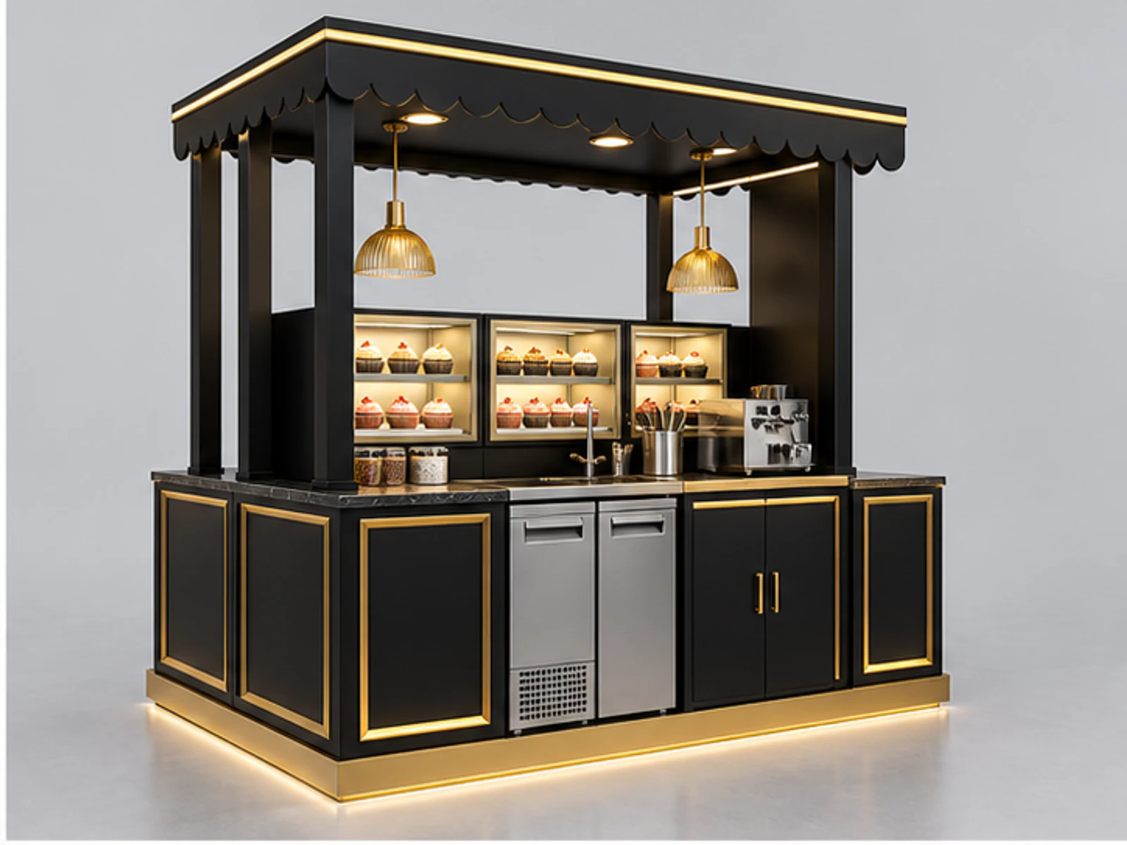 Black Gold Cupcake Kiosk for Shopping Mall opposite angle showing overall kiosk layout