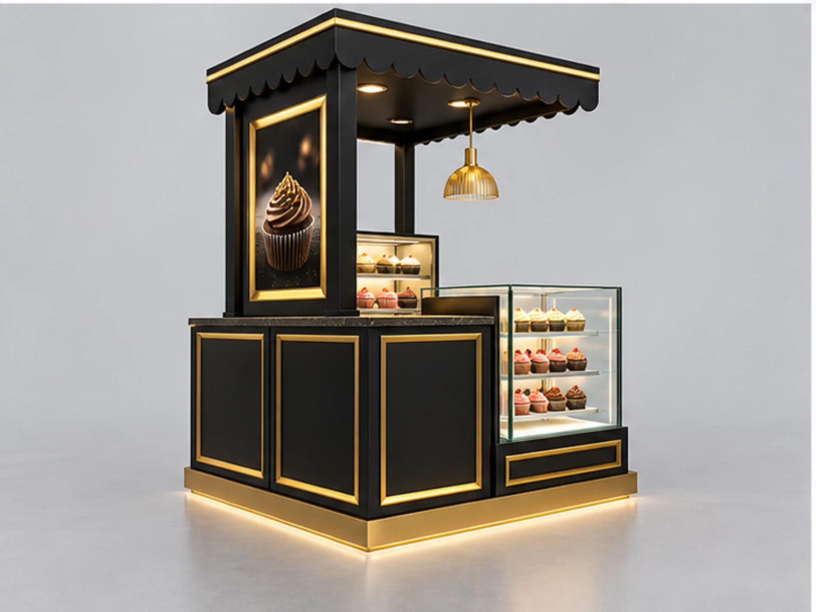 Black Gold Cupcake Kiosk for Shopping Mall customer-facing display and service counter