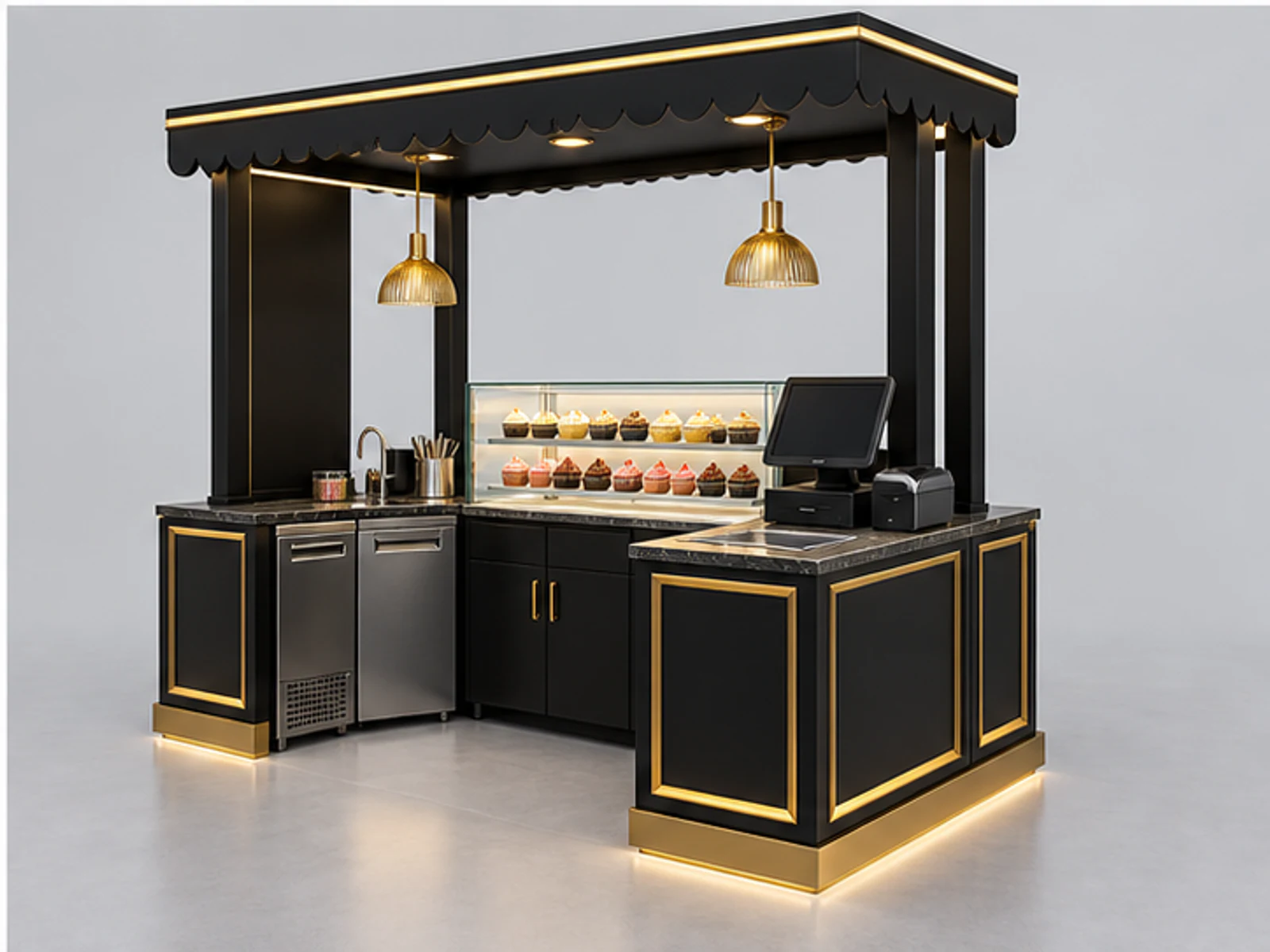 Black Gold Cupcake Kiosk for Shopping Mall staff-side equipment and storage layout