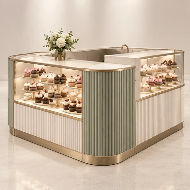 Boutique Cupcake Kiosk with Curved Glass Display main three-quarter product rendering