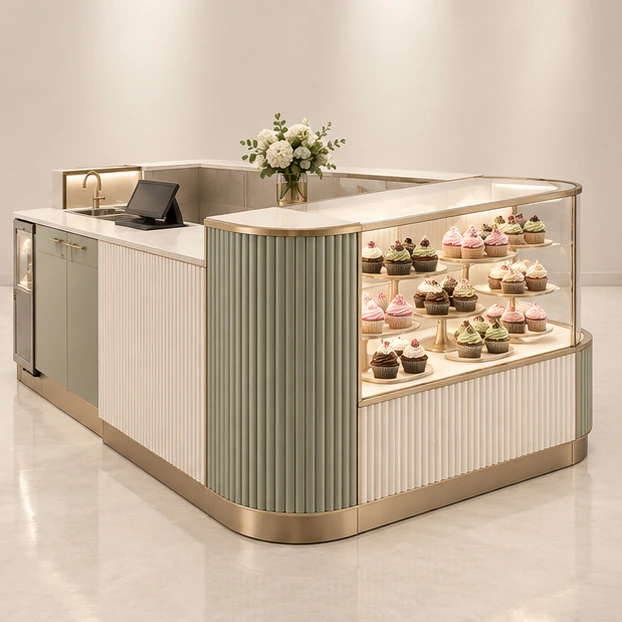 Boutique Cupcake Kiosk with Curved Glass Display opposite angle showing its complete footprint and display layout