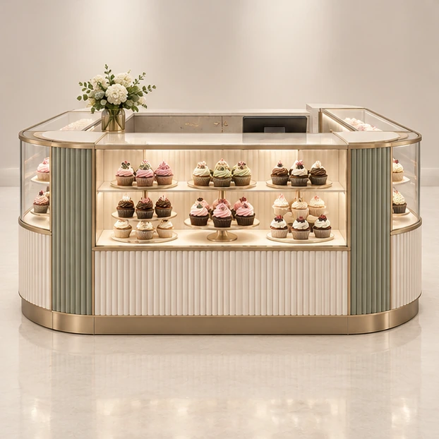 Boutique Cupcake Kiosk with Curved Glass Display customer-facing service and display view