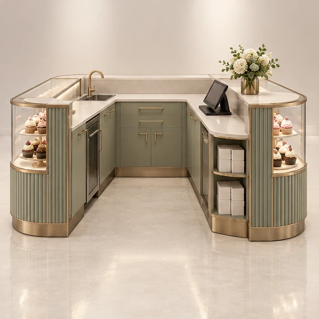 Boutique Cupcake Kiosk with Curved Glass Display operator-side equipment, access, and storage view