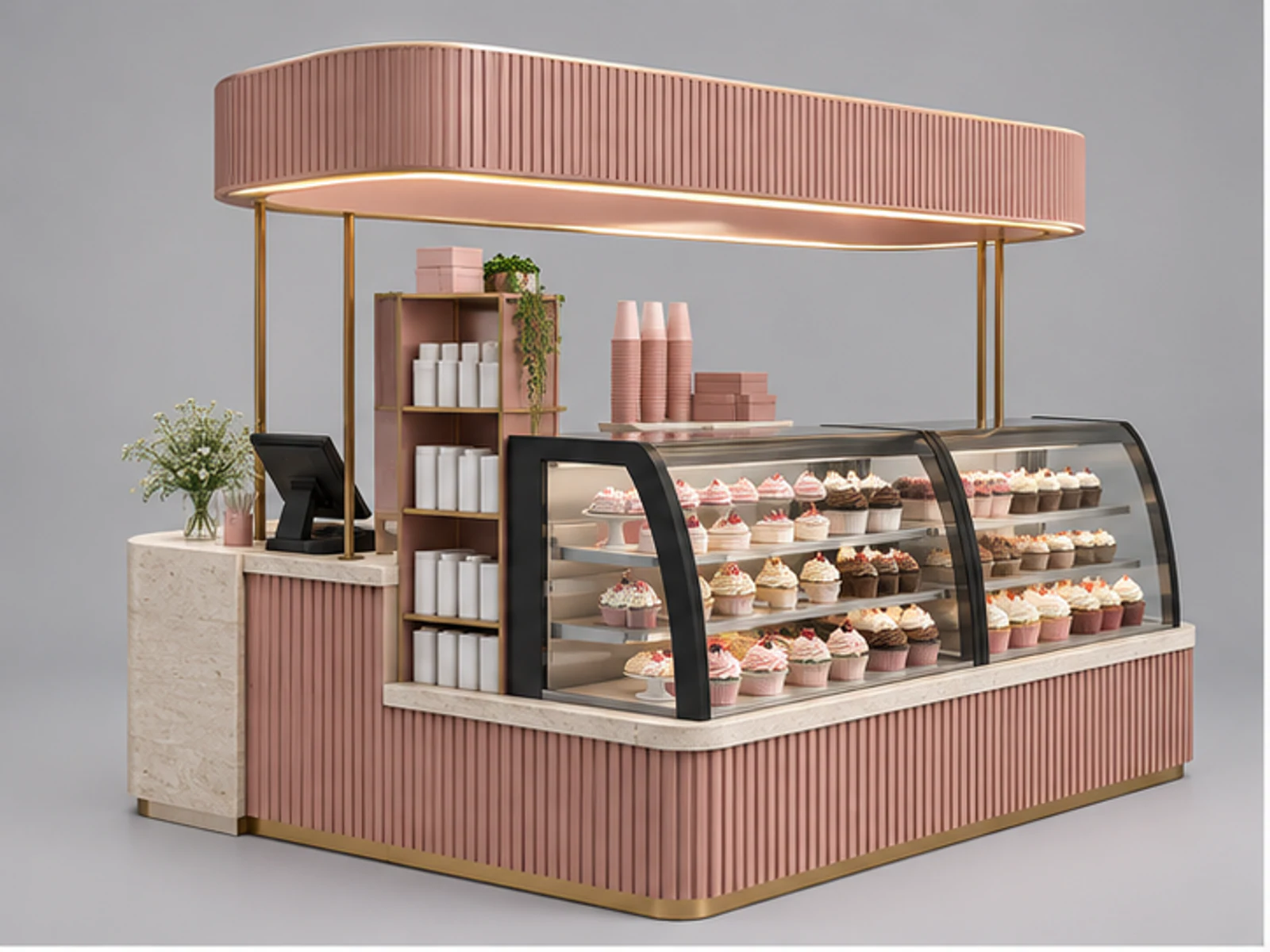 Boutique Cupcake Kiosk with Overhead Signage main three-quarter product view